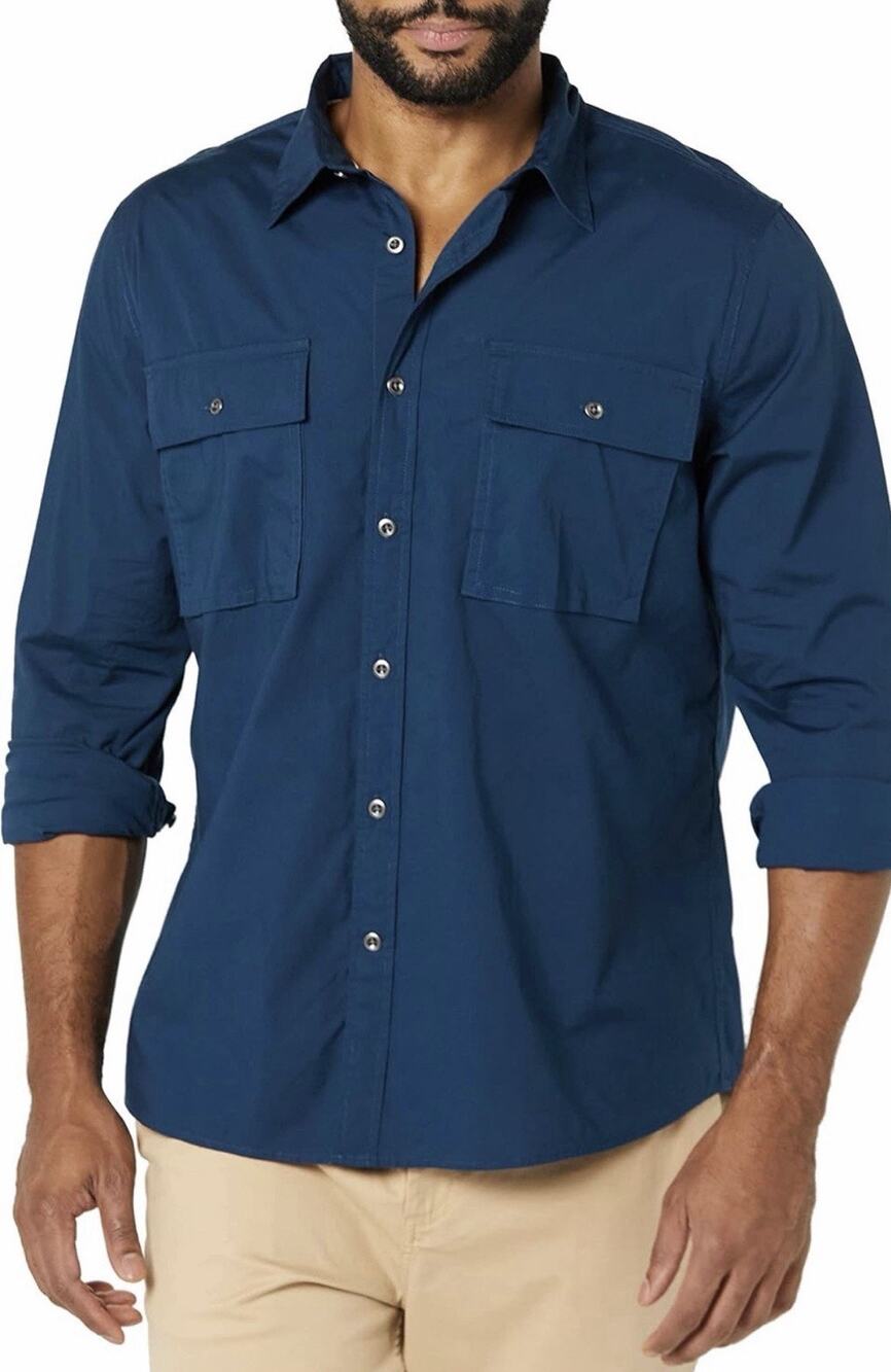 Essentials Men's Slim-Fit Long-Sleeve Two-Pocket Utility Shirt Blue XS